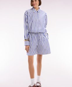 Eden Park Femme Men's Short En Coton Blanc À Rayures Bleues Coupe Oversized