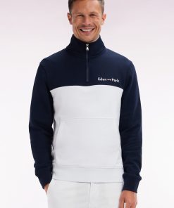Eden Park Homme Men's Sweatshirt À Col Camionneur En Coton Bicolore Blanc Et Marine Coupe Dr