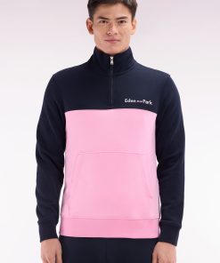 Eden Park Homme Men's Sweatshirt À Col Camionneur En Coton Bicolore Rose Et Marine Coupe Dro
