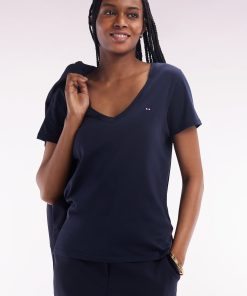 Eden Park Femme Men's T-shirt À Col V En Jersey De Coton Pima Léger Marine Coupe Droite
