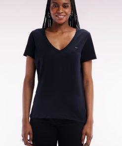Eden Park Femme Men's T-shirt À Col V En Jersey De Coton Pima Léger Noir Coupe Droite