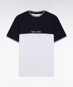 Eden Park Homme Men's T-shirt Brodé En Coton Bicolore Blanc Coupe Droite