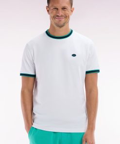 Eden Park Homme Men's T-shirt En Coton Blanc À Bords-côtes Verts Coupe Décontractée