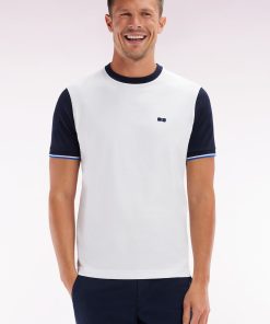 Eden Park Homme Men's T-shirt En Coton Blanc Et Marine Broderie Dos Coupe Droite