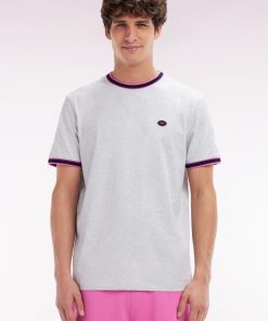 Eden Park Homme Men's T-shirt En Coton Gris À Bords-côtes Roses Coupe Décontractée