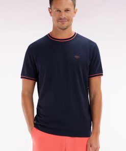Eden Park Homme Men's T-shirt En Coton Marine À Bords-côtes Corail Coupe Décontractée