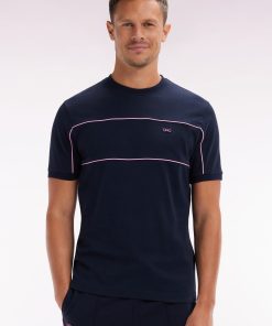 Eden Park Homme Men's T-shirt En Coton Marine À Passepoils Roses Coupe Droite