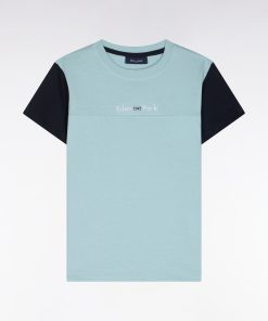 Eden Park Enfant Men's T-shirt En Coton Vert D'eau Manches Marine Coupe Droite