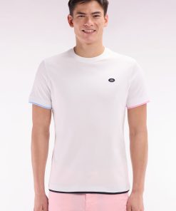 Eden Park Homme Men's T-shirt Uni En Coton Blanc Bordures De Manches Colorées Coupe Droite