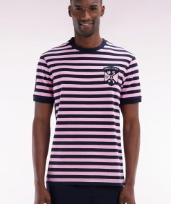 Eden Park Homme Men's T-shirt Tournoi Des 6 Nations En Coton Rayé Marine Et Rose Coupe Droit