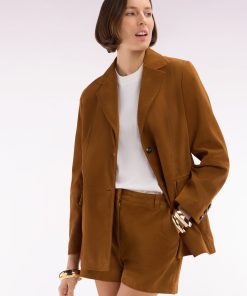 Eden Park Femme Men's Veste Blazer En Cuir Suédé Marron