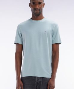 Eden Park Homme Men's T-shirt Vert D'eau Uni En Lyocell Et Coton Coupe Droite