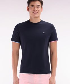 Eden Park Homme Men's T-shirt Uni En Coton Marine Bordures De Manches Colorées Coupe Droite