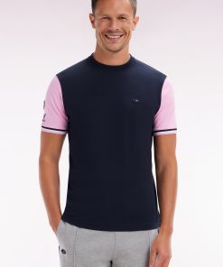 Eden Park Homme Men's T-shirt Xv De France Bicolore En Coton Marine Et Rose Flocage Coq Coup