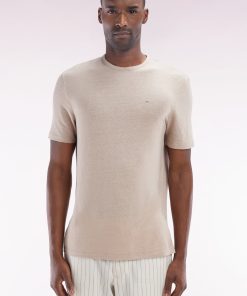 Eden Park Homme Men's T-shirt Uni En Lin Stretch Beige Coupe Droite