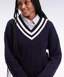 Eden Park Femme Men's Pull Cricket Col V En Laine Et Coton Marine Coupe Oversized