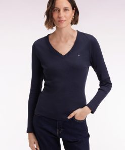 Eden Park Femme Men's T-shirt À Manches Longues En Coton Pima Côtelé Marine Coupe Slim