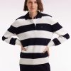 Eden Park Femme Men's Pull À Col Maillot En Laine Et Coton À Rayures Rugby Marine Et Blanc C