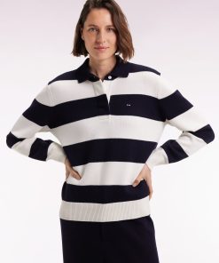 Eden Park Femme Men's Pull À Col Maillot En Laine Et Coton À Rayures Rugby Marine Et Blanc C