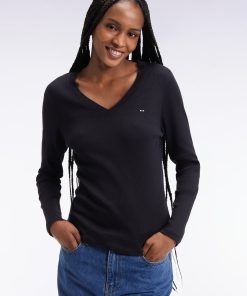 Eden Park Femme Men's T-shirt À Manches Longues En Coton Pima Côtelé Noir Coupe Slim