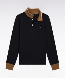 Eden Park Enfant Men's Polo À Manches Longues En Piqué Coton Noir Finitions Camel