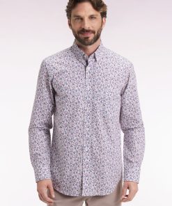 Eden Park Homme Men's Chemise En Coton Beige À Micro-motifs Fleurs Coupe Droite