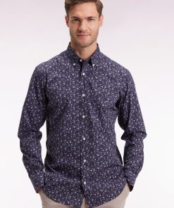 Eden Park Homme Men's Chemise En Coton Marine À Micro-motifs Fleurs Coupe Droite