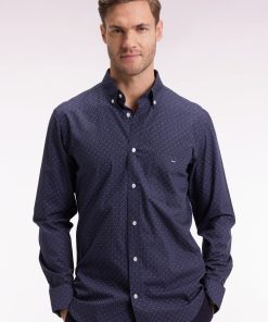 Eden Park Homme Men's Chemise En Coton Marine À Micro-motifs Nœuds Papillon Coupe Droite