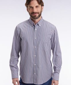 Eden Park Homme Men's Chemise En Coton Marine À Rayures Contrastées Coupe Droite