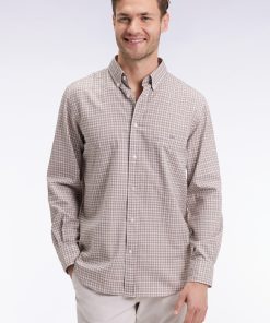 Eden Park Homme Men's Chemise En Coton À Carreaux Beige Coupe Droite