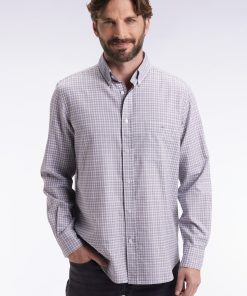 Eden Park Homme Men's Chemise En Coton À Carreaux Gris Coupe Droite