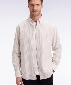 Eden Park Homme Men's Chemise En Popeline De Coton Rayée Beige Coupe Droite