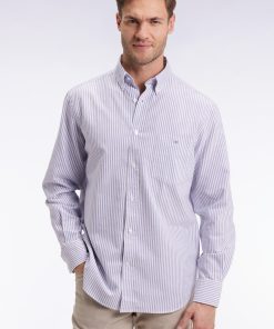 Eden Park Homme Men's Chemise En Popeline De Coton Rayée Bleue Coupe Droite