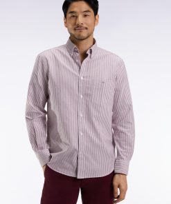 Eden Park Homme Men's Chemise En Popeline De Coton Rayée Bordeaux Coupe Droite