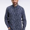 Eden Park Homme Men's Chemise À Micro-motifs Fleurs En Coton Marine Coupe Droite