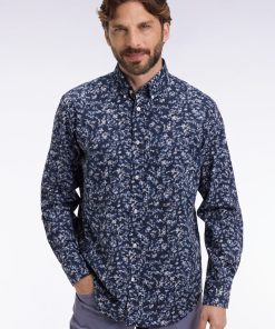 Eden Park Homme Men's Chemise À Micro-motifs Fleurs En Coton Marine Coupe Droite