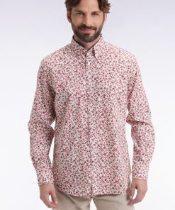 Eden Park Homme Men's Chemise En Popeline De Coton À Micro-motifs Fleurs Rouge Coupe Droite
