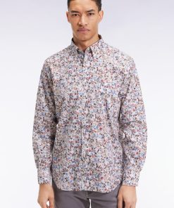 Eden Park Homme Men's Chemise À Micro-motifs Fleurs En Coton Marron Coupe Droite