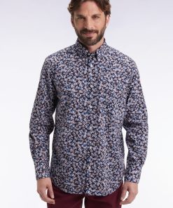 Eden Park Homme Men's Chemise En Popeline De Coton À Micro-motifs Fleurs Bleu Coupe Droite
