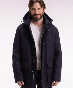 Eden Park Homme Men's Parka Courte En Laine Et Cachemire Marine Capuche Amovible