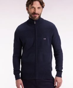 Eden Park Homme Men's Cardigan Zippé En Coton Nid D'abeille Marine Coupe Droite