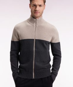 Eden Park Homme Men's Cardigan Zippé En Coton Bicolore Beige Et Gris Coupe Droite