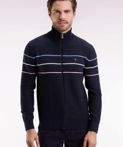 Eden Park Homme Men's Cardigan Zippé En Coton Marine À Liserés Colorés Coupe Droite