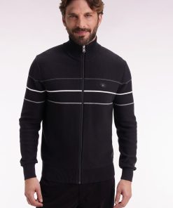 Eden Park Homme Men's Cardigan Zippé En Coton Noir À Liserés Colorés Coupe Droite