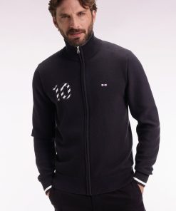 Eden Park Homme Men's Cardigan Zippé En Coton Marine Broderie 10 Noir Coupe Droite