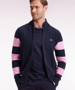 Eden Park Homme Men's Cardigan Zippé En Coton Marine À Rayures De Manches Roses Coupe Droite