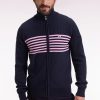 Eden Park Homme Men's Cardigan Zippé En Coton Marine À Rayures Roses Coupe Droite