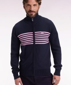 Eden Park Homme Men's Cardigan Zippé En Coton Marine À Rayures Roses Coupe Droite