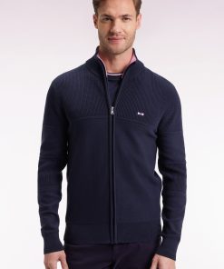 Eden Park Homme Men's Cardigan Zippé En Coton Marine Broderie Dos Rose