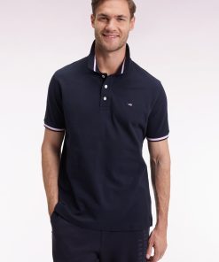 Eden Park Homme Men's Polo Manches Courtes En Coton Marine Détails Rayés Coupe Ample